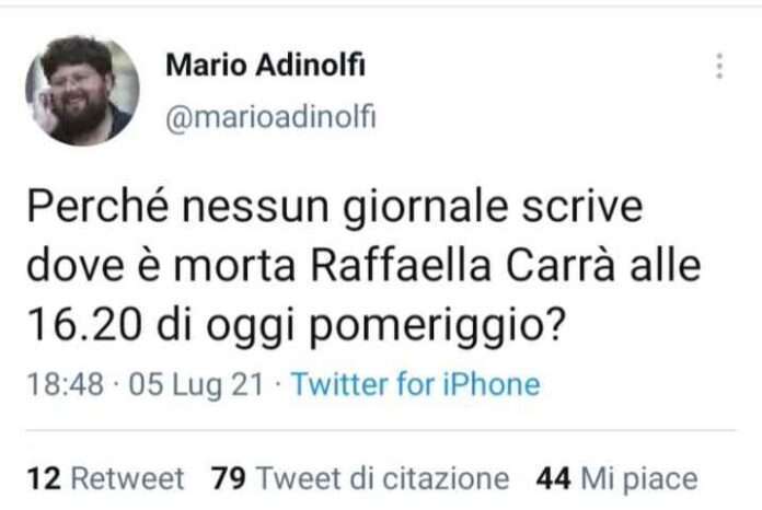 Bufera su Mario Adinolfi per un tweet complottista sulla morte della Carrà