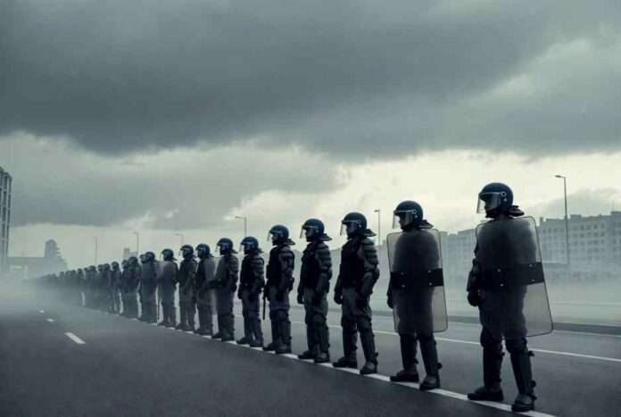 t immagine (1200x630px, orizzontale, fotorealistica) — versione alternativa Fotografia realistica orizzontale, stile fotogiornalismo una strada cittadina in pieno giorno, cielo grigio e plumbeo, con un cordone di polizia antisommossa schierato in tenuta completa — scudi, caschi, equipaggiamento da ordine pubblico — visto di spalle o di profilo, senza volti riconoscibili; luce diurna fredda e diffusa, atmosfera tesa e opprimente; sullo sfondo sfocato, palazzi urbani e una strada semivuota; possibile presenza di fumo lieve o polvere sospesa nell'aria per accentuare la tensione; palette cromatica desaturata, dominata da grigi e blu scuri, forte senso di pressione e controllo; nessun volto identificabile, nessun testo.